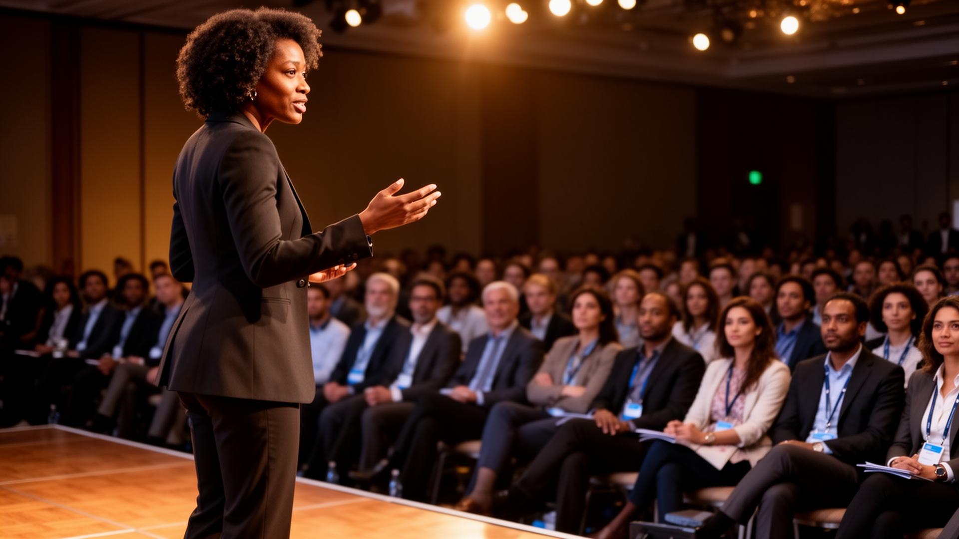 Black woman keynote speaker addressing a diverse audience at a SPAA USA event
